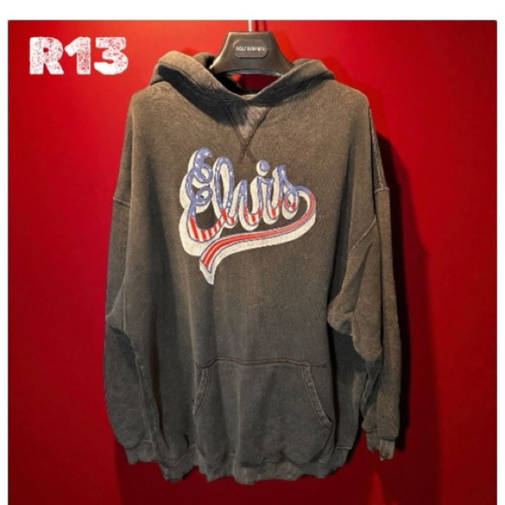 R13 Unisex Elvis Flag Logo Oversized Hoodie - Light Acid Black (Sz SM/OS) (VGUC)